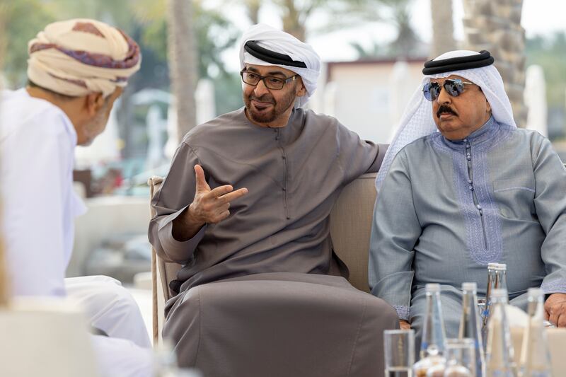 President Sheikh Mohamed and King Hamad of Bahrain attend a meeting at the St Regis Saadiyat Island Resort in Abu Dhabi. All photos: Presidential Court 