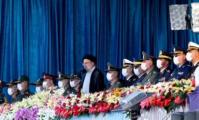 Iranian President Ebrahim Raisi, centre, speaks during celebrations marking the annual National Army Day in Tehran last week. EPA