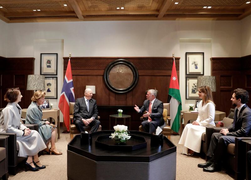 King Abdullah II of Jordan and King Harald V of Norway meet in the presence of Queen Rania of Jordan  and Crown Prince Al Hussein bin Abdullah II  as well as Queen Sonia of Norway at Al Husseiniya Palace in Amman, Jordan.  EPA
