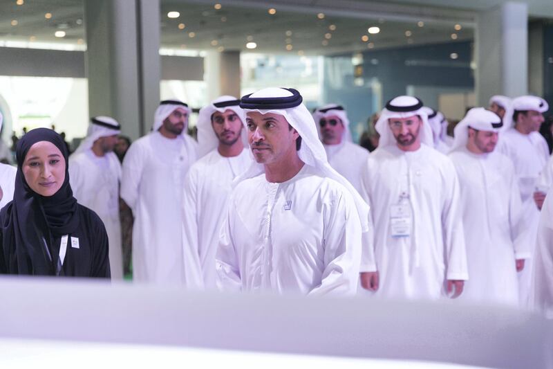 ABU DHABI, UNITED ARAB EMIRATES - April 16 2019.

Sheikh Hazza bin Zayed Al Nahyan is the United Arab Emirates Head of State for National Security Advisor, at Abu Dhabi's Department of Urban Planning and Municipalities booth at Cityscape Abu Dhabi 2019.

(Photo by Reem Mohammed/The National)

Reporter: Nada El Sawy
Section: BZ