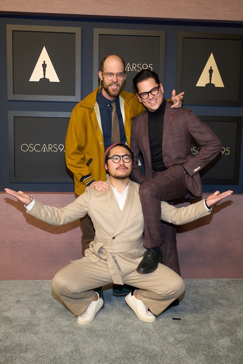 Director Daniel Kwan in front, with director Daniel Scheinert, left, and Taiwanese-American producer Jonathan Wang. EPA