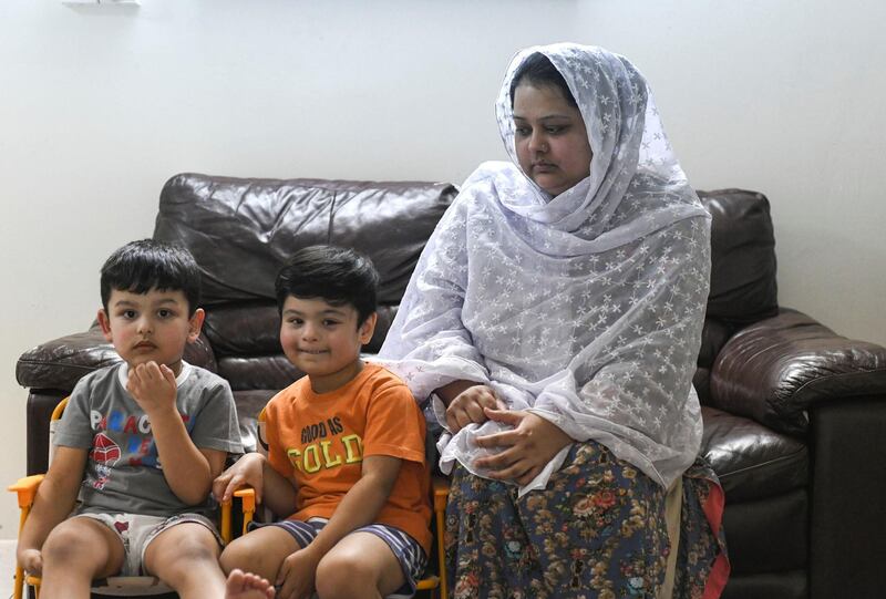 Abu Dhabi, United Arab Emirates - Mahjbeen Ahmed, mother of two boys left, Ariz, 3, and Abban, 4 at their home in Al Bahya. Khushnum Bhandari for The National