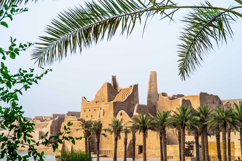 Silhouette of Salwa Palace in At-Turaif in Ad Diriyah captured from a distance. Photo by THAMER AL AHMADI