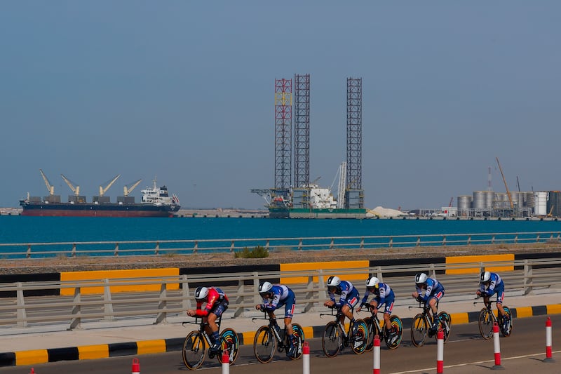 Riders during stage two at Khalifa Port in Abu Dhabi. Photo: Sprint Cycling Agency
