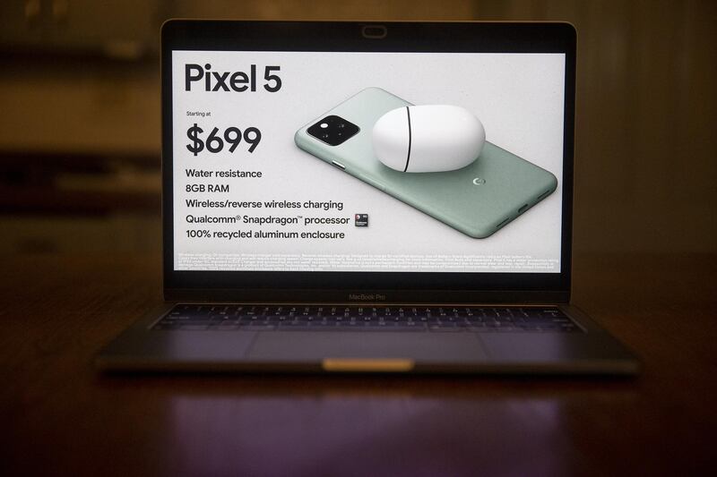 The Pixel 5 smartphone is unveiled during the Google Launch Night In virtual event seen on a laptop computer in Tiskilwa, Illinois, U.S., on Wednesday, Sept. 30, 2020. Alphabet's Google launched a pair of new Pixel phones with 5G: the Pixel 5, its new flagship model, and the Pixel 4a 5G, a version of its low-end device with faster cellular network speeds. Photographer: Daniel Acker/Bloomberg