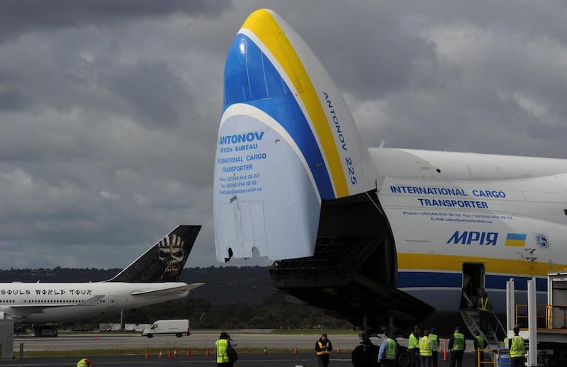 The nose is raised up on the world’s largest aircraft. It picked up its load from the Czech Republic. It then took off from Gostomel airport in Ukraine last Tuesday and the generator will be delivered to the West Australian aluminium-ore mining company Worstely Alumina . Greg Wood / AFP