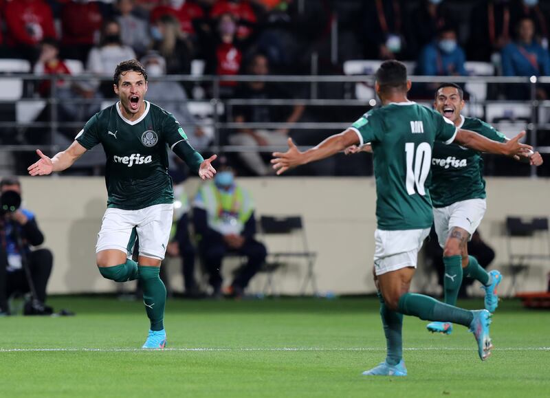 Raphael Veiga celebrates after scoring Palmeiras' first goal in their 2-0 win against Al Ahly in the Fifa Club World Cup semi-final at Al Nahyan Stadium in Abu Dhabi. All images by Chris Whiteoak / The National