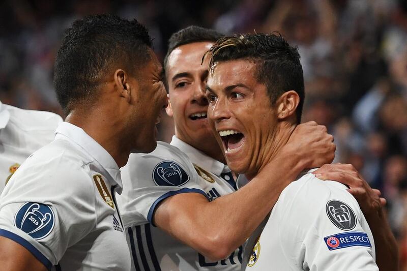 Cristiano Ronaldo of Real Madrid celebrates scoring his side’s first goal. Shaun Botterill / Getty Images