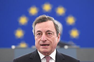 The President of the European Central Bank (ECB) Mario Draghi speaks during a ceremony to commemorate the 20th anniversary of the launch of the Euro at the European Parliament on January 15, 2019 in Strasbourg. (Photo by FREDERICK FLORIN / AFP)