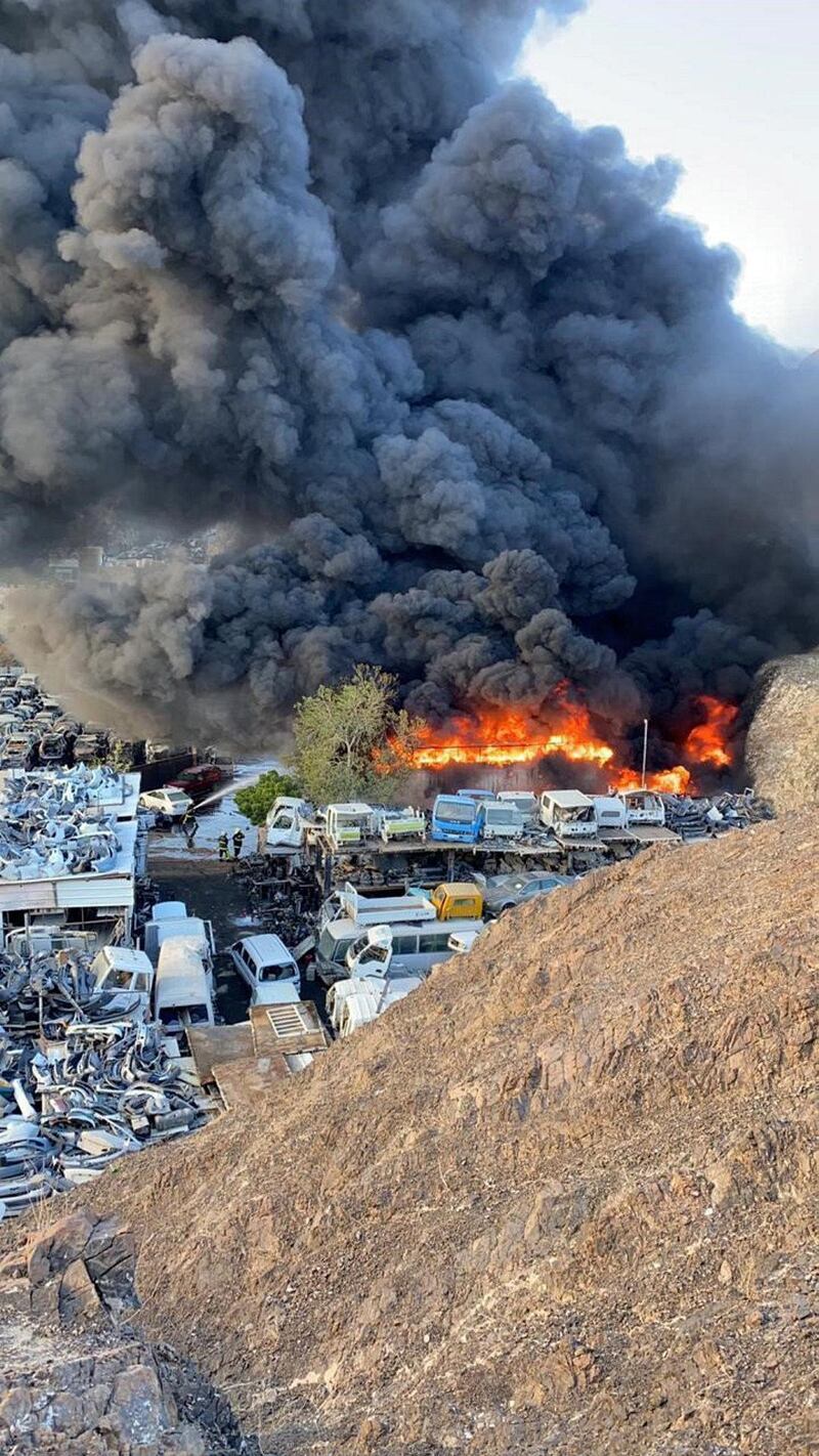 A fire that broke out in a car repair workshop on Thursday in Muscat destroyed vehicles and offices. 
Witnesses in the area of Wadi Kabeer where the incidence happened on Thursday evening said the fire raged on for two hours before it was brought under control by the fire brigade.
“ It destroyed many cars that were under repair and the offices of the workshop. We don’t know if anybody was hurt but we saw mechanics running out of the workshop,” Jamil Al Qassmi, 56, a witness at the scene told the National.
The Oman News Agency did not give detail but said the police was investigating the cause of fire. Photo by Saleh Al-Shaibany 