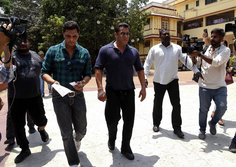 Bollywood actor Salman Khan arrives to cast his vote at a polling station in Mumbai on April 29, 2019. AFP