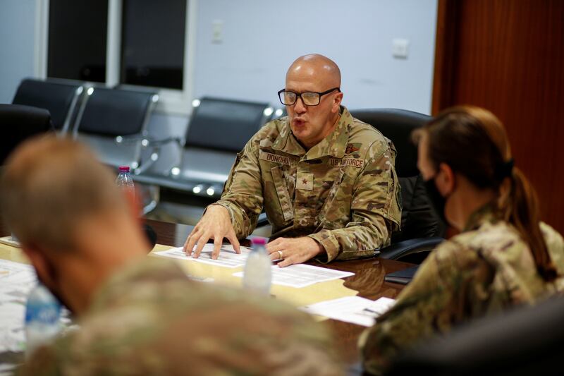 US  Air Force Brigadier General Gerald Donohue speaks during a media briefing at Al Udeid airbase in Doha, Qatar. Reuters