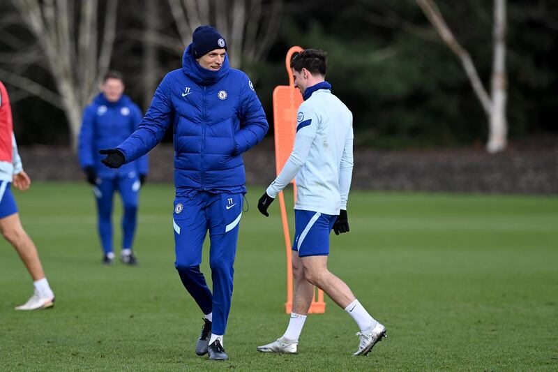 COBHAM, ENGLAND - JANUARY 28:  Thomas Tuchel and Mason Mount of Chelsea during a training session at Chelsea Training Ground on January 28, 2021 in Cobham, England. (Photo by Darren Walsh/Chelsea FC via Getty Images)