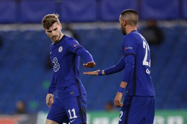 Soccer Football - Champions League - Round of 16 Second Leg - Chelsea v Atletico Madrid - Stamford Bridge, London, Britain - March 17, 2021 Chelsea's Hakim Ziyech celebrates scoring their first goal with Timo Werner REUTERS/David Klein