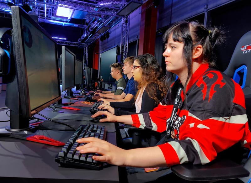 In this photo taken on Sept. 17, 2019, Ellis Celia and other students starting Staffordshire Universityâ€™s esports degree course play â€œCounter-Strikeâ€ in the schoolâ€™s new London digital studio. A number of U.K. and U.S. universities are launching degrees in esports, or competitive multiplayer videogaming, to capitalize on the booming industryâ€™s growing demand for skilled professionals. (AP Photo/Kelvin Chang)