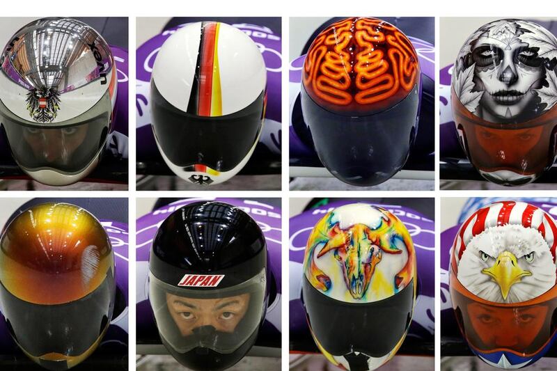 Some of the more colourful Olympic skeleton helmets include American Katie Uhlaender's, bottom right, patriotic example and Canadian Sarah Reid's, top right, zombie-inspired digs. AP Photo