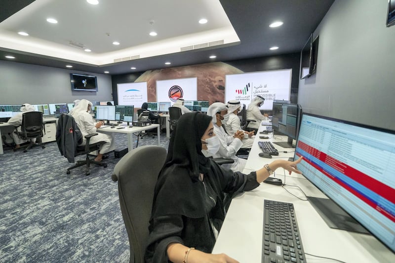 DUBAI, UNITED ARAB EMIRATES - February 09, 2021: Members of Mohammed Bin Rashid Space Centre participate during the arrival of the Hope Probe in the orbit of Mars.

( Mohamed Al Hammadi / Ministry of Presidential Affairs )
---