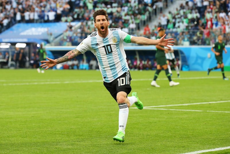 Lionel Messi of Argentina celebrates after scoring his team's first goal during the 2018 FIFA World Cup Russia group D match between Nigeria and Argentina. Alex Livesey / Getty Images