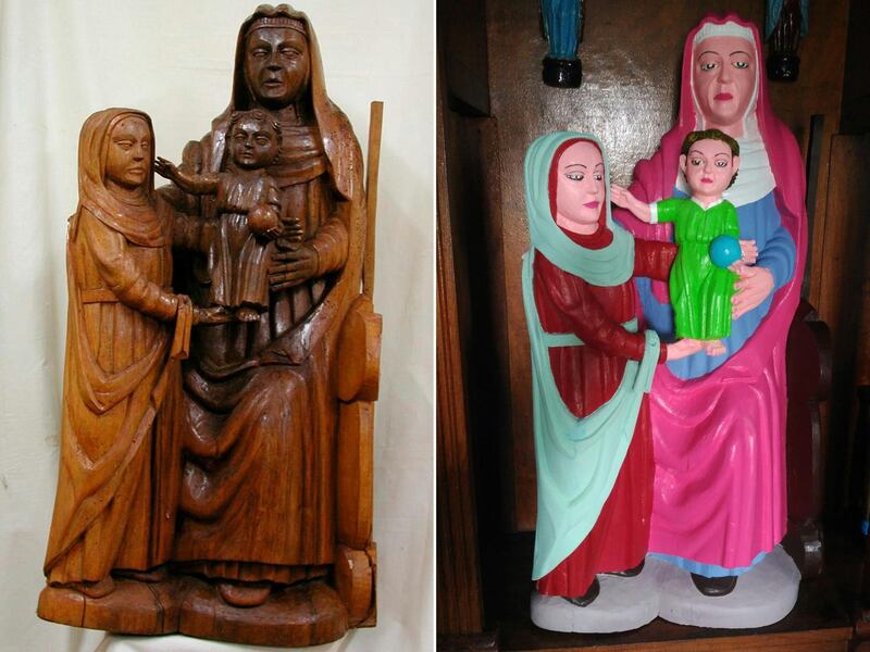 (COMBO) This combination of pictures created on September 07, 2018 shows a Romanesque period statue depicting Virgin Mary before and after being "restored" by a local woman of the village of El Ranadoiro, Asturias region, in which church the figure is located. - A virgin with a garish pink cape, another with aquamarine-greenish hair and a cockeyed Saint Peter: three Romanesque period carving statues of the fifteenth century, now painted in kitschy colours, became the latest scandal of amateur restoration in Spain. (Photos by DSF / AFP)
