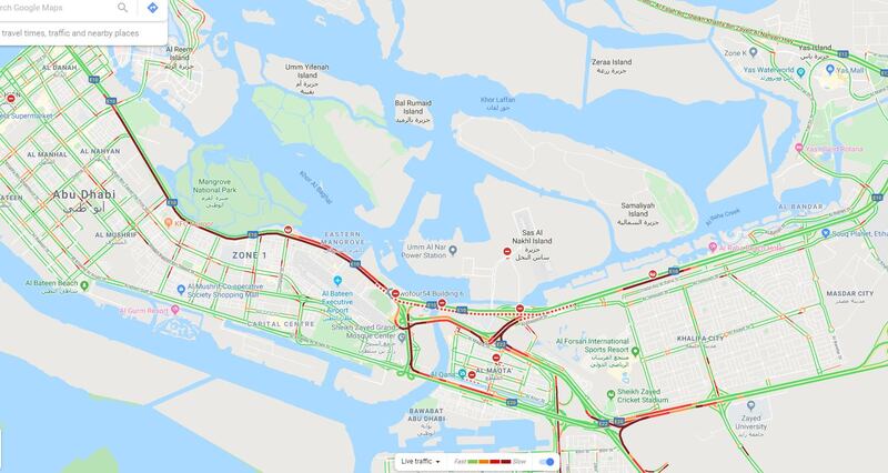 The red lines show the queues of traffic in Abu Dhabi on Thursday morning. Google Maps