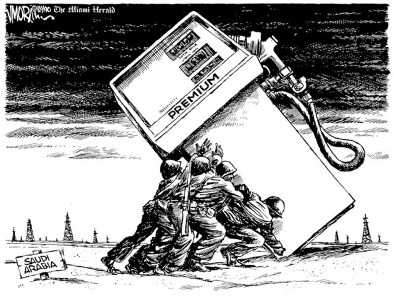 A 1990 cartoon by Mr Morin depicts US troops propping up petrol prices during the Gulf War.