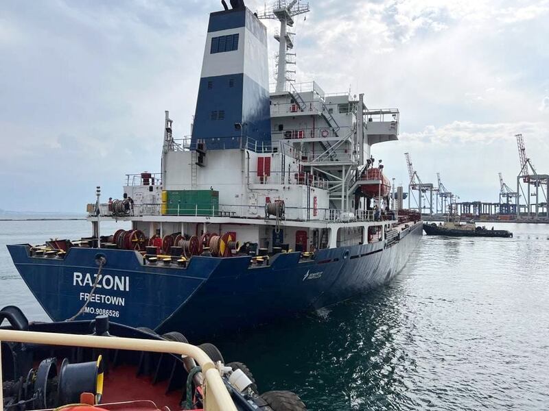 The Sierra Leone-flagged cargo ship 'Razoni' as it leaves the port of Odesa. EPA