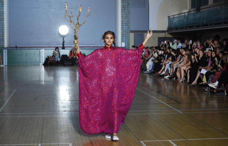 A raspberry pink kaftan steals the show at Ashish during London Fashion Week, spring / summer 2020. EPA