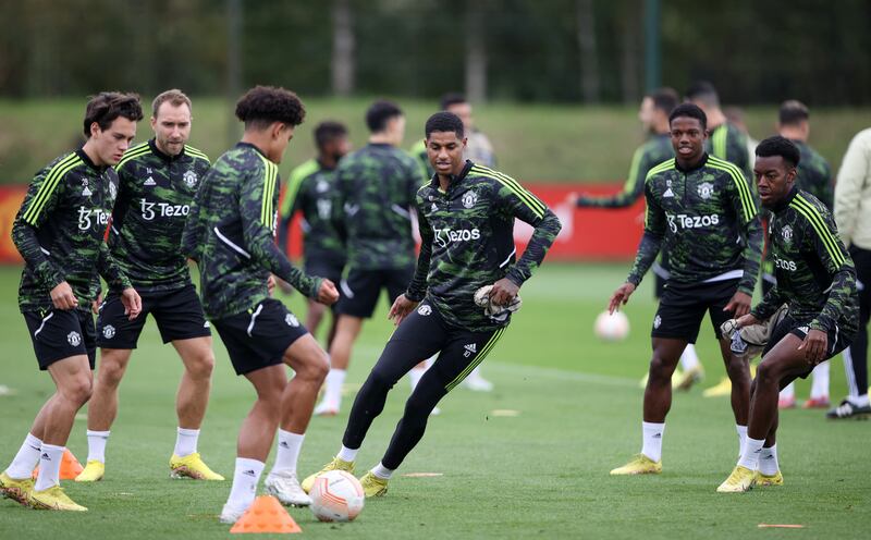 Marcus Rashford with Manchester United teammates during training. Reuters