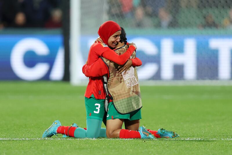 Nouhaila Benzina and Sofia Bouftini of Morocco celebrate advancing to the knockout stage of the Women's World Cup. Getty