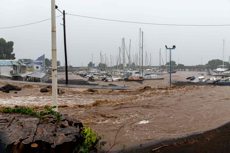 Water surges ashore next to the Marina de Riviere-Sens, near Basse-Terre on Guadeloupe.