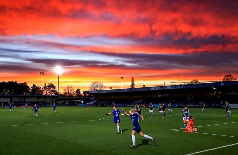 Chelsea's Pernille Harder celebrates after scoring during the FA Women's League Cup semi-final against West Ham  at Kingsmeadow on February 3. PA