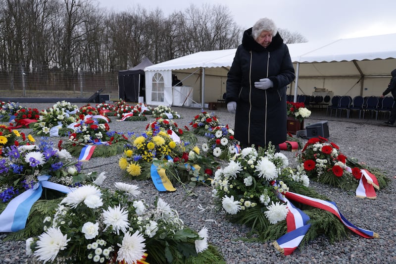 Ukrainian Holocaust survivor Anastasia Guley, 96, joins a ceremony to commemorate the 77th anniversary of the liberation of the Buchenwald concentration camp at Weimar in central Germany. Getty