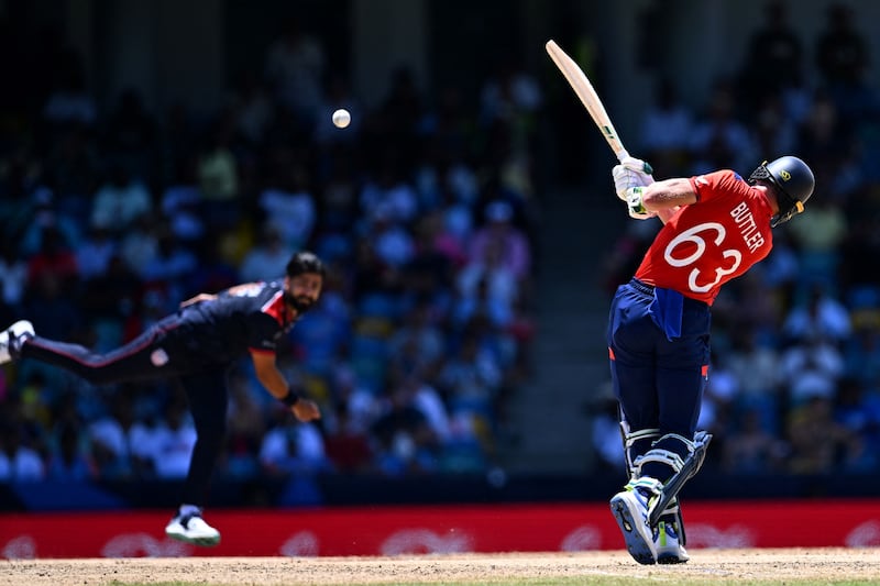 England's Jos Buttler hits a four on his way to making 83 off 38 balls against the USA. AFP