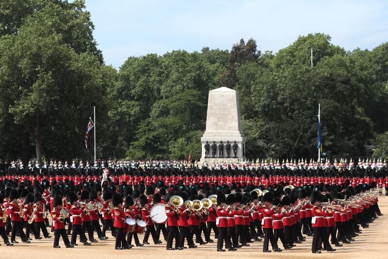 Members of the queen's personal troops, the Household Division during Trooping The Colour ceremony at The Royal Horseguards in London, England. The annual ceremony involving over 1400 guardsmen and cavalry, is believed to have first been performed during the reign of King Charles II. The parade marks the official birthday of the Sovereign, even though the Queen's actual birthday is on April 21st.  Photo by Dan Kitwood / Getty Images