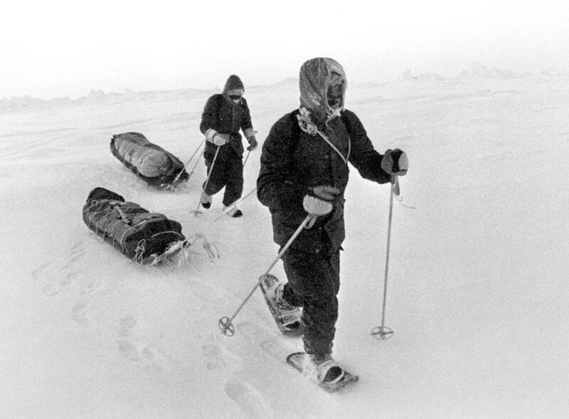 Sir Ranulph Fiennes (l) and Charles Burton (r) trekking across the Arctic wastes on their way to the North Pole. At this point the two explorers were facing a critical situation as the ice around them was melting as well as their back-up aircraft currently grounded. They reached the North Pole on 11th April to become the first people to do so in one season. PA Archive/PA Images