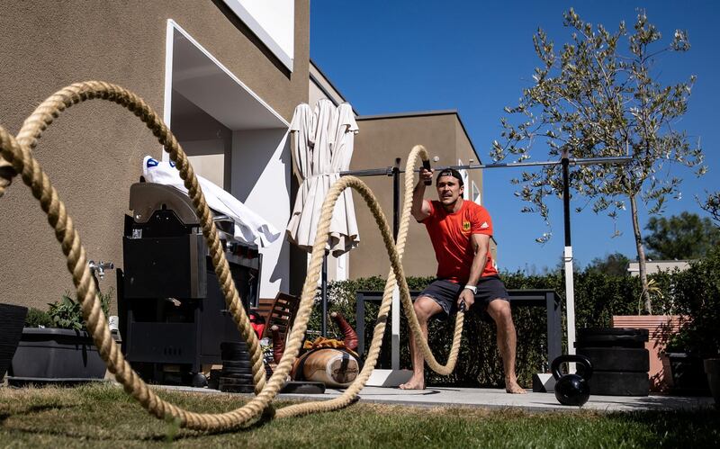 COLOGNE, GERMANY - APRIL 23: Judoist Alexander Wieczerzak trains in the garden of his apartment on April 23, 2020 in Cologne, Germany. The World Champion from 2017 trains at home due to the ongoing Coronavirus crisis. (Photo by Lars Baron/Bongarts/Getty Images)