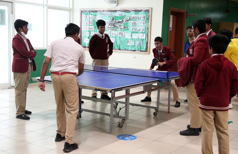 Pupils playing table tennis during a break at Gems Millennium School in Sharjah