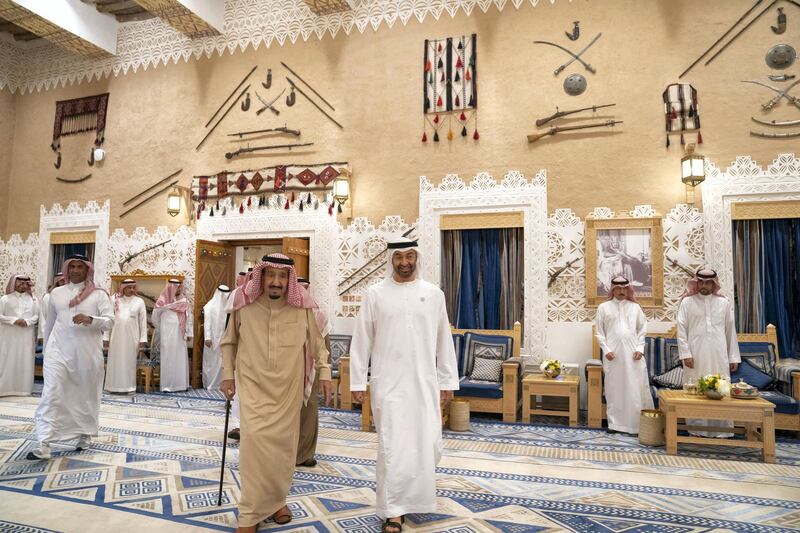 RIYADH, SAUDI ARABIA - November 10, 2018: HH Sheikh Mohamed bin Zayed Al Nahyan, Crown Prince of Abu Dhabi and Deputy Supreme Commander of the UAE Armed Forces () meets with HM King Salman Bin Abdulaziz Al Saud, of Saudi Arabia and Custodian of the Two Holy Mosques at Al Auja Palace in Riyadh.

( Mohamed Al Hammadi / Ministry of Presidential Affairs )
---