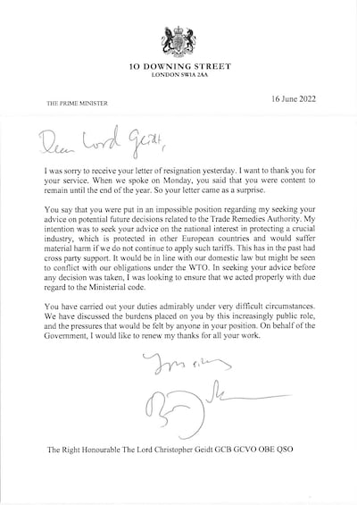 Downing Street handout photo of a letter sent by Boris Johnson to Lord Geidt who has stepped down from his position as the prime minister's adviser on ministers' interests. Issue date: Thursday June 16, 2022.