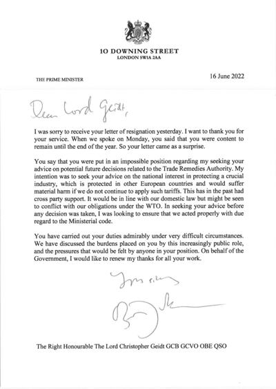 Downing Street handout photo of a letter sent by Boris Johnson to Lord Geidt who has stepped down from his position as the prime minister's adviser on ministers' interests. Issue date: Thursday June 16, 2022.