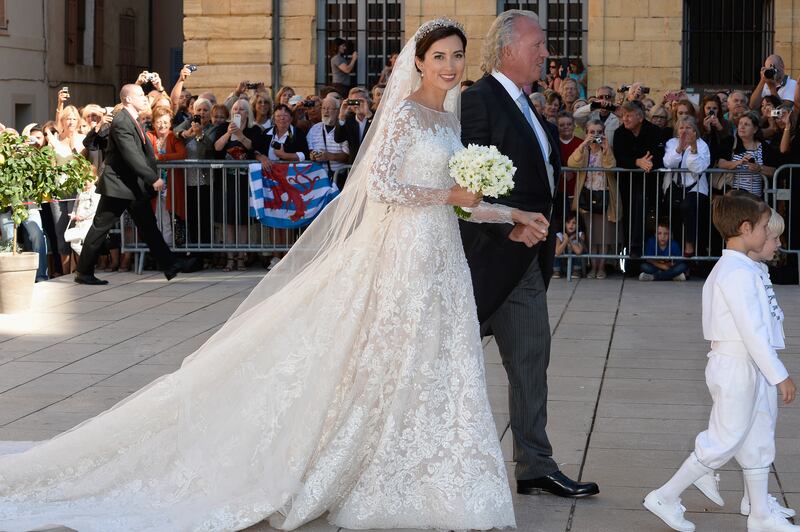 Another European royal opted to marry in Elie Saab. For her 2013 wedding to Prince Felix, Princess Claire of Luxembourg wore a lace gown with a train by the Lebanese designer. Getty Images