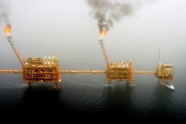 Gas flares from an oil production platform at the Soroush oil fields in the Arabian Gulf off Iran. Reuters