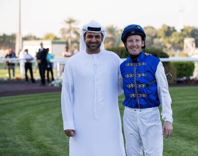 Abu Dhabi, UAE, March 4, 2018.  
FOR AMITH P Article.  (L-R)  Emirati Horse Trainer, Helal Al Alawi with rider, Patrick Crosgrave at the 12Th Race Meeting, AUH Equestrian Club.
Victor Besa / The National
Sports
Reporter: Amith Passela