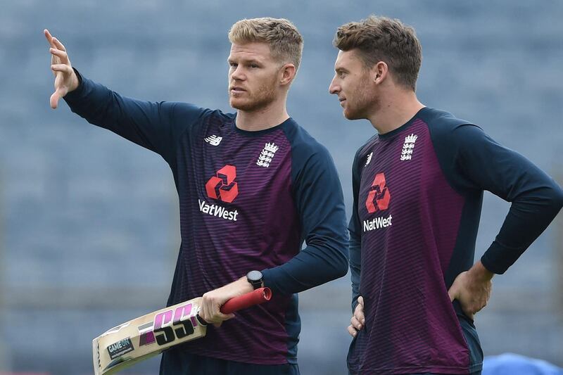 England's Sam Billings along with teammate Jos Buttler during training on the eve of the first ODI against India at the Maharashtra Cricket Association Stadium in Pune on Monday, March 22, 2021. AFP