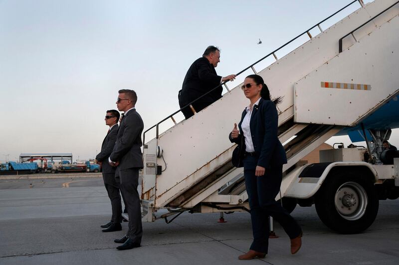 Secretary of State Mike Pompeo boards his plane, Tuesday, June 25, 2019, after making an unannounced visit to Kabul, Afghanistan. (AP Photo/Jacquelyn Martin, Pool)