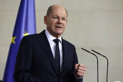 German Chancellor Olaf Scholz speaks during a joint press conference with Ukrainian President Volodymr Zelenskyy in Berlin. Getty Images
