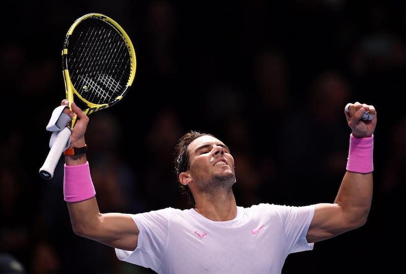 LONDON, ENGLAND - NOVEMBER 13: Rafael Nadal of Spain celebrates victory after his singles match against Daniil Medvedev of Russia during Day Four of the Nitto ATP World Tour Finals at The O2 Arena on November 13, 2019 in London, England. (Photo by Justin Setterfield/Getty Images)