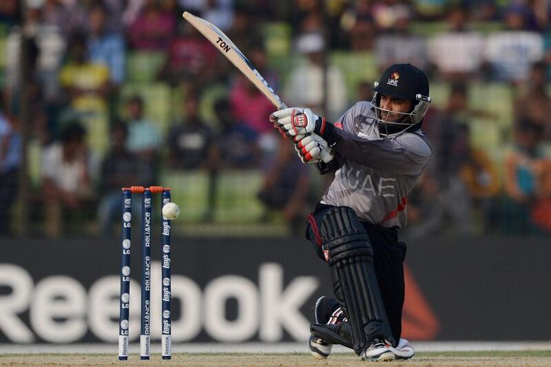 Khurram Khan, pictured during an ICC Twenty20 World Cup warm-up match against Bangladesh at the Khan Shaheb Osman Ali Stadium in Fatullah on March 12, 2014, picked up their first win of the ACC Premier League over winless Hong Kong. Munir uz Zaman / AFP