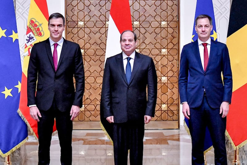 Egyptian President Abdel Fattah El Sisi, centre, with Spanish Prime Minister Pedro Sanchez, left, and Belgium Prime Minister Alexander De Croo meet in Cairo to discuss the Israel-Gaza war. AFP