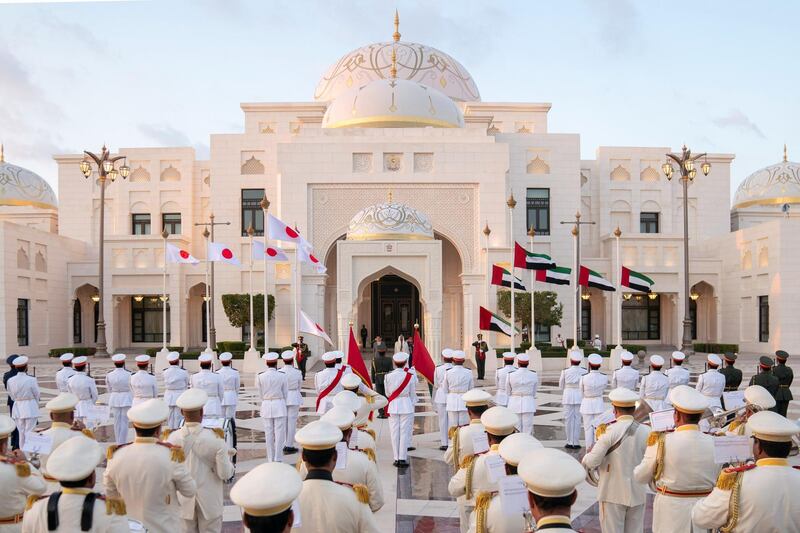 ABU DHABI, UNITED ARAB EMIRATES - January 13, 2020: HH Sheikh Mohamed bin Zayed Al Nahyan, Crown Prince of Abu Dhabi and Deputy Supreme Commander of the UAE Armed Forces (center R) and HE Shinzo Abe, Prime Minister of Japan (center L), stand for the national anthem during a reception at Qasr Al Watan.

( Eissa Al Hammadi for the Ministry of Presidential Affairs )
---